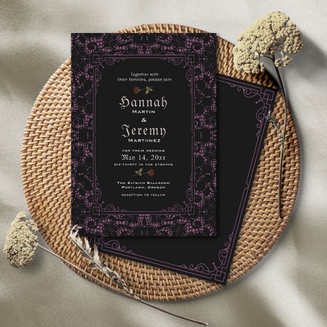 Gothic Black Magenta Lace Rose Invitation (Creator Uploaded)
