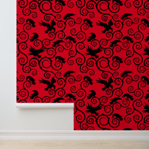 Gothic Black on Red Raven Victorian Gothic Home Wallpaper