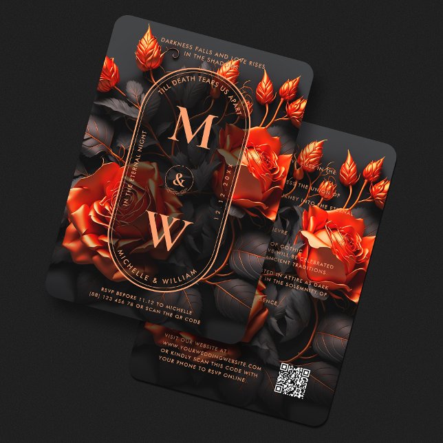 Gothic Black Orange Floral Boho Wedding  Invitation (Gothic Black Orange Terracotta Floral Boho Wedding Invitation
)