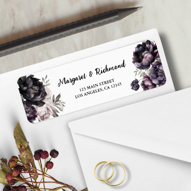 Gothic Black Peonies Floral Wedding Return Address (Creator Uploaded)