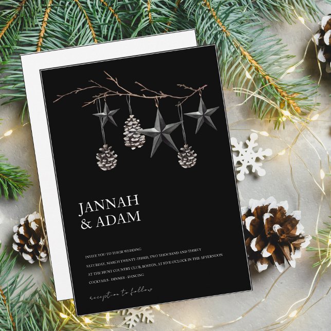 Gothic Black Pinecones Stars Christmas Wedding Invitation (Creator Uploaded)