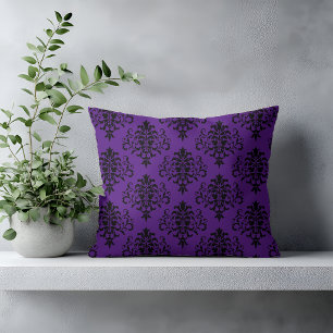 Gothic Black Purple Damask Pattern Cushion