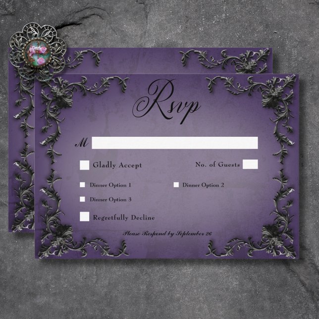 Gothic Black & Purple Filigree Heart Dinner RSVP Card (Gothic Black & Purple Filigree Heart Dinner RSVP Card)