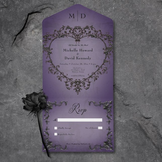 Gothic Black & Purple Filigree Heart No Dinner All In One Invitation (Gothic Black & Purple Filigree Heart No Dinner All In One Invitation)