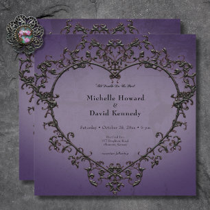 Gothic Black & Purple Filigree Heart Wedding Invitation