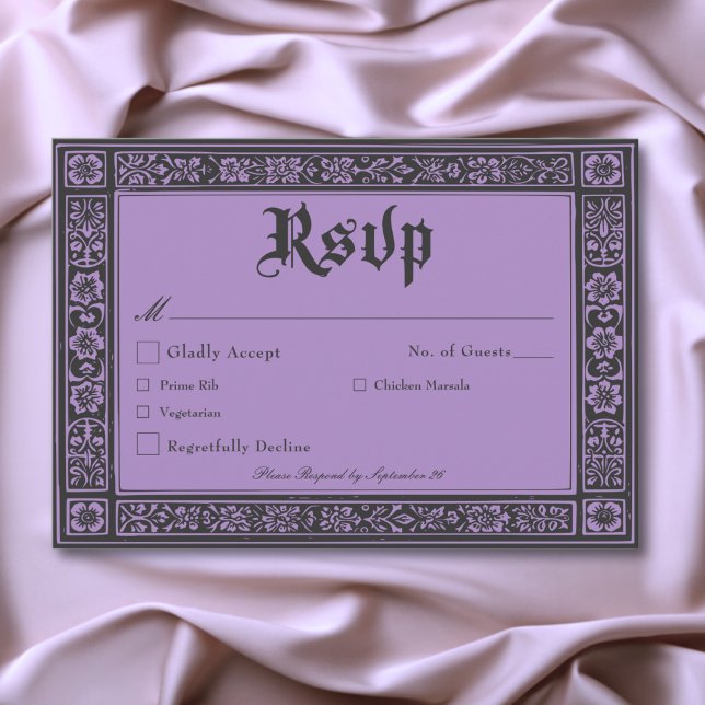 Gothic Black Purple Mediaeval Until Death Wedding RSVP Card (Gothic Black Purple Medieval Until Death Wedding RSVP Card)