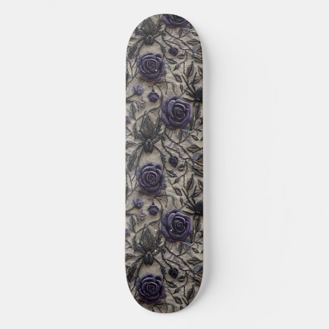 Gothic Black Purple Roses and Spiders Skateboard (Front)