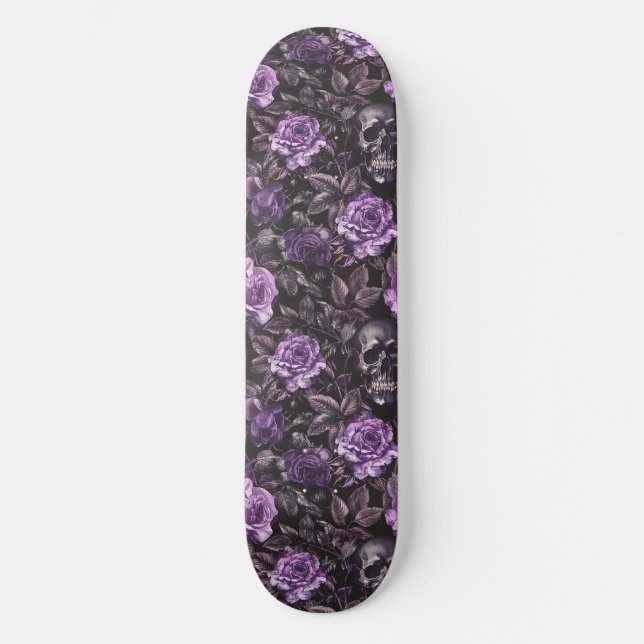 Gothic Black Purple Skulls and Roses Skateboard (Front)