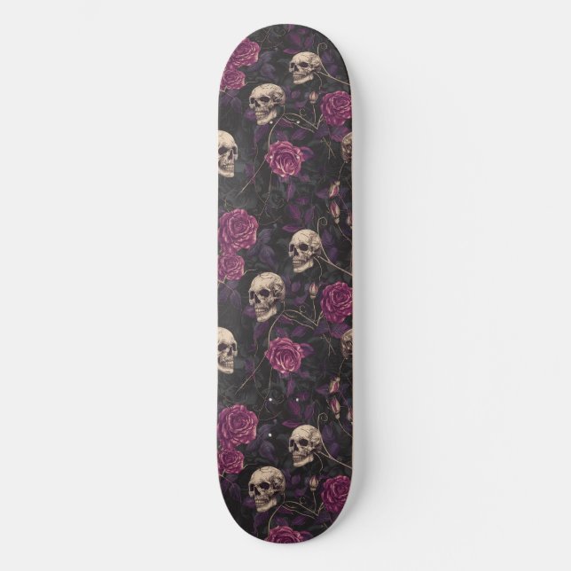 Gothic Black Purple Skulls and Roses Skateboard (Front)