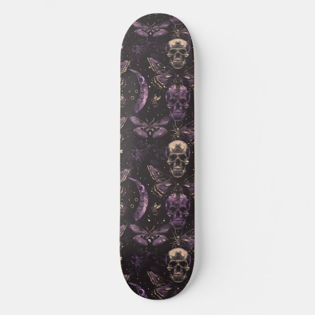 Gothic Black Purple Skulls Moths Moon Skateboard (Front)