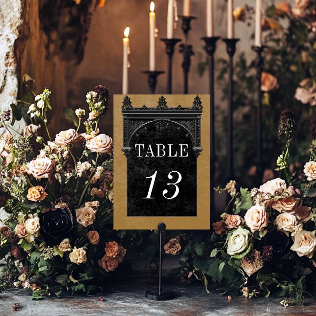Gothic Black Raven & Black Arch Gold Wedding Table Number (Creator Uploaded)