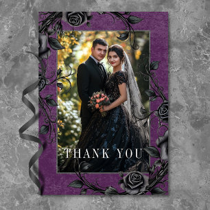 Gothic Black Raven Black Rose Purple Photo Wedding Thank You Card