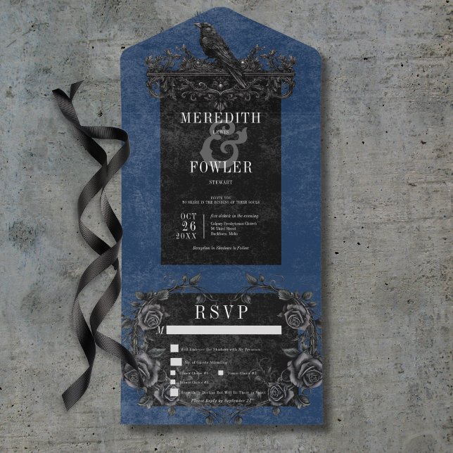 Gothic Black Raven & Black Roses Blue Dinner All In One Invitation (Gothic Black Raven & Black Roses Blue Dinner All In One Invitation)