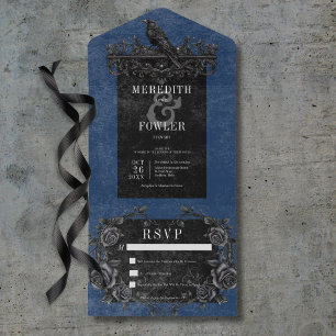 Gothic Black Raven & Black Roses Blue No Dinner All In One Invitation