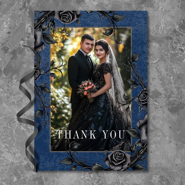 Gothic Black Raven Black Roses Blue Photo Wedding Thank You Card (Gothic Black Raven Black Roses Blue Photo Wedding Thank You Card)