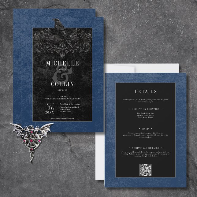 Gothic Black Raven & Black Roses Blue Two Sided Invitation (Gothic Black Raven & Black Roses Blue All In One Invitation)