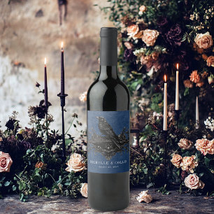 Gothic Black Raven & Black Roses Blue Wedding Wine Label