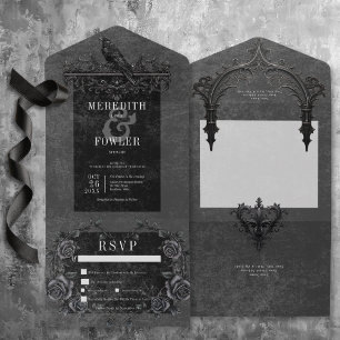 Gothic Black Raven & Black Roses Dinner All In One Invitation