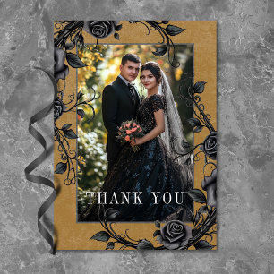 Gothic Black Raven Black Roses Gold Photo Wedding Thank You Card