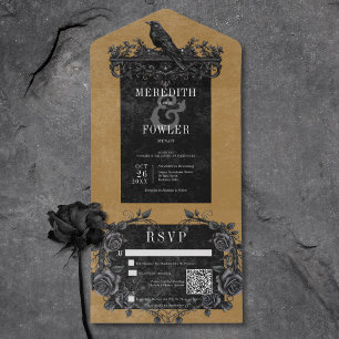 Gothic Black Raven & Black Roses Gold QR Code All In One Invitation