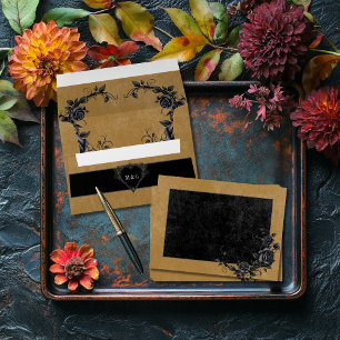 Gothic Black Raven & Black Roses Gold Wedding Envelope