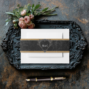 Gothic Black Raven & Black Roses Gold Wedding Invitation Belly Band
