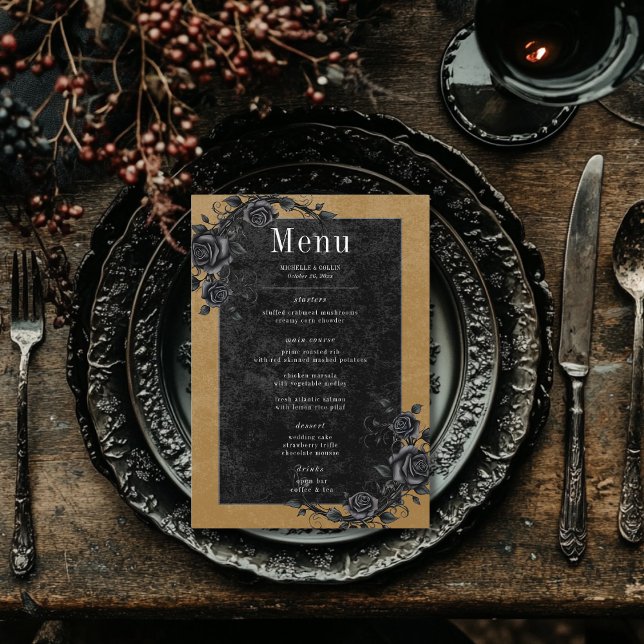 Gothic Black Raven & Black Roses Gold Wedding Menu (Creator Uploaded)