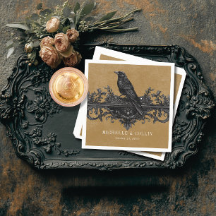 Gothic Black Raven & Black Roses Gold Wedding Napkin