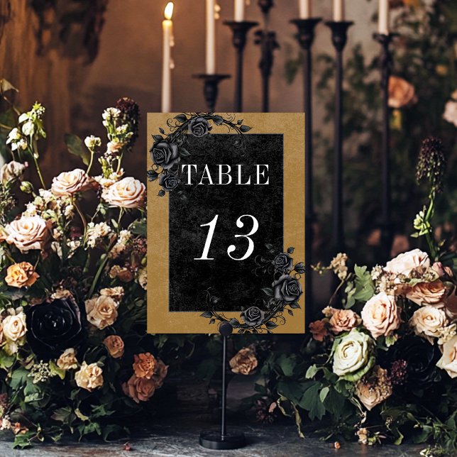 Gothic Black Raven & Black Roses Gold Wedding Table Number (Creator Uploaded)