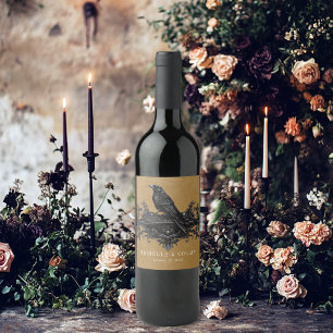 Gothic Black Raven & Black Roses Gold Wedding Wine Label