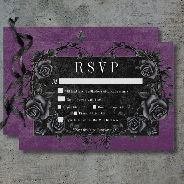 Gothic Black Raven & Black Roses Purple Dinner RSVP Card (Gothic Black Raven & Black Roses Purple Dinner RSVP Card)