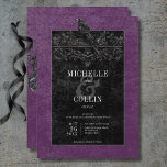 Gothic Black Raven & Black Roses Purple Wedding Invitation<br><div class="desc">Transport your guests to a world of dark, enchanting elegance with our vintage gothic wedding invitation. The deep, aged purple background sets the stage for a striking contrast, as bold white text emerges from intricate black text boxes. At the pinnacle of this invitation, a three-dimensional gothic border adorned with a...</div>