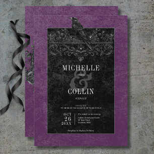 Gothic Black Raven & Black Roses Purple Wedding Invitation