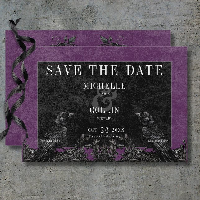Gothic Black Raven & Black Roses Purple Wedding Save The Date (Gothic Black Raven & Black Roses Purple Wedding Save The Date Card)