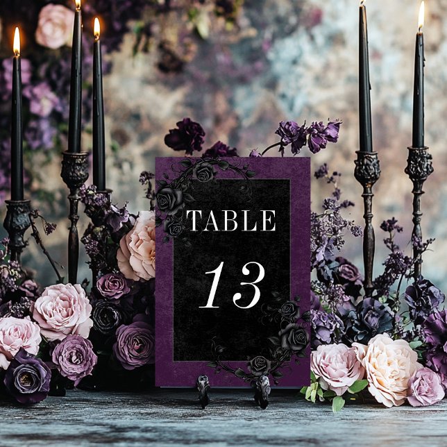 Gothic Black Raven & Black Roses Purple Wedding Table Number (Creator Uploaded)