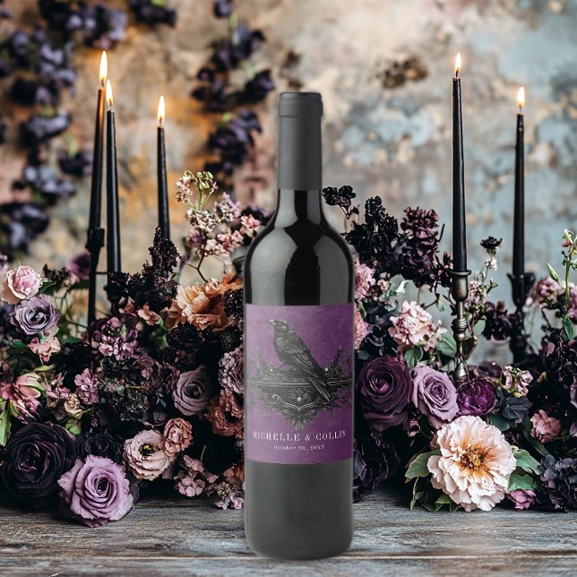 Gothic Black Raven & Black Roses Purple Wedding Wine Label (Creator Uploaded)