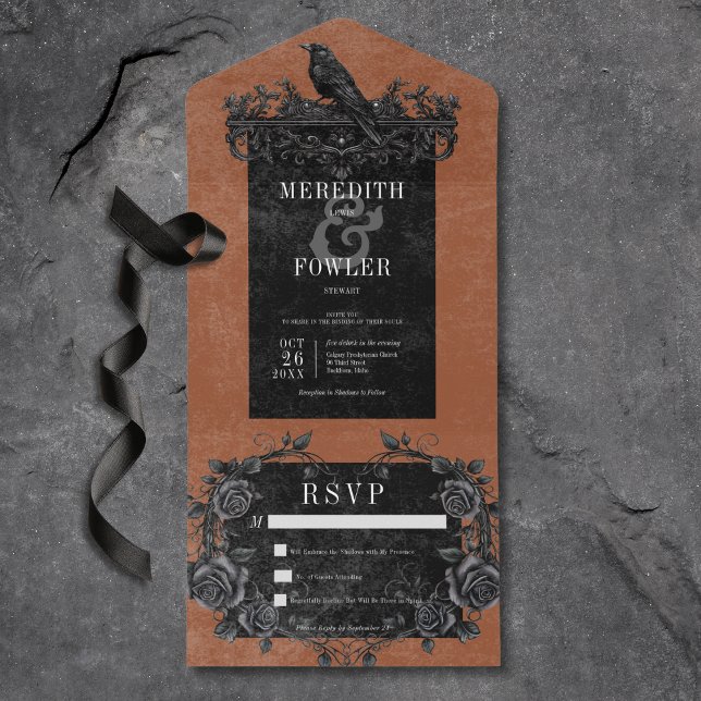 Gothic Black Raven & Black Roses Rust No Dinner All In One Invitation (Gothic Black Raven & Black Roses Rust All In One Wedding Invitation)