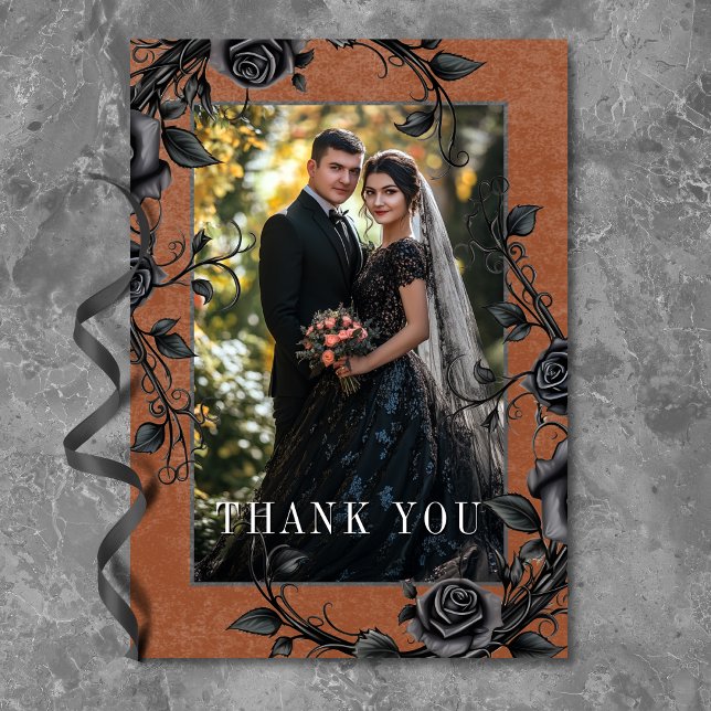 Gothic Black Raven Black Roses Rust Photo Wedding Thank You Card (Gothic Black Raven Black Roses Rust Photo Wedding Thank You Card)