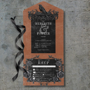 Gothic Black Raven & Black Roses Rust Three Dinner All In One Invitation