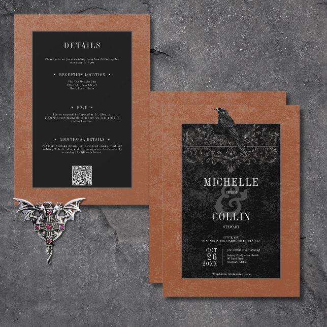 Gothic Black Raven & Black Roses Rust Two Sided Invitation (Gothic Black Raven & Black Roses Rust All In One Invitation)