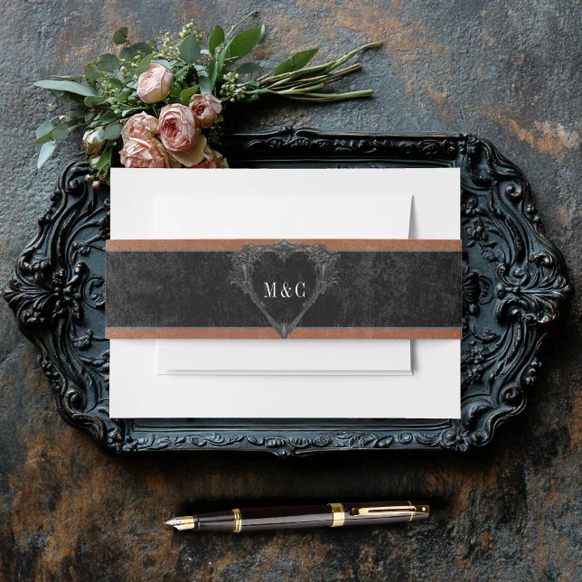 Gothic Black Raven & Black Roses Rust Wedding Invitation Belly Band ...