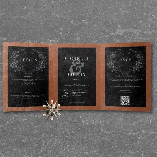 Gothic Black Raven & Black Roses Rust Wedding Tri-Fold Invitation (Gothic Black Raven & Black Roses Rust Wedding Tri-Fold Invitation)