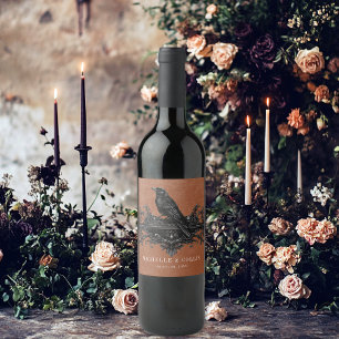 Gothic Black Raven & Black Roses Rust Wedding Wine Label