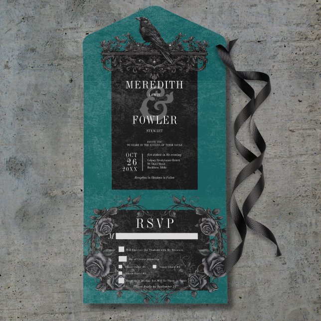 Gothic Black Raven & Black Roses Teal 3 Dinner All In One Invitation (Gothic Black Raven & Black Roses Teal Dinner All In One Invitation)