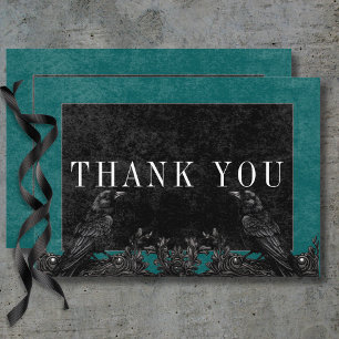 Gothic Black Raven & Black Roses Teal Details Thank You Card