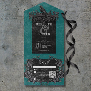 Gothic Black Raven & Black Roses Teal QR Code All In One Invitation