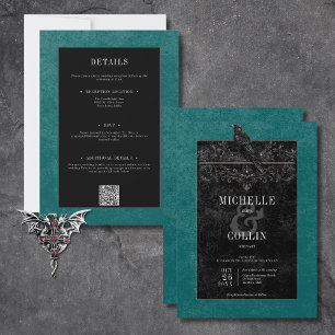 Gothic Black Raven & Black Roses Teal Two Sided Invitation
