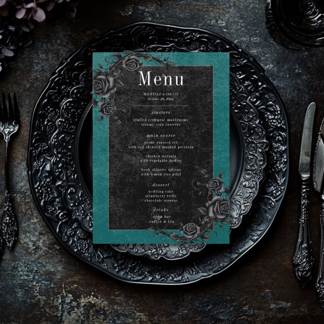 Gothic Black Raven & Black Roses Teal Wedding Menu (Creator Uploaded)