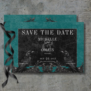 Gothic Black Raven & Black Roses Teal Wedding Save The Date