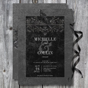 Gothic Black Raven & Black Roses Wedding Invitation
